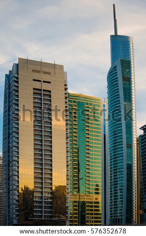 Skyscrapers in Dubai are great examples of modern architecture. Royalty-Free Stock Photo #576352678