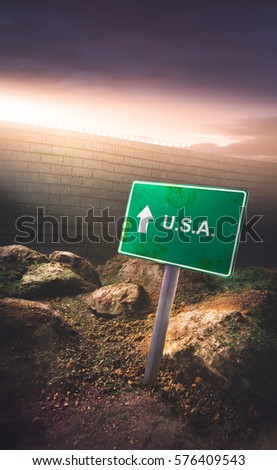 Mexico / US border sign concept with high wall and dramatic lighting