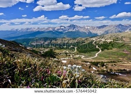 Switchbacks on windy mountain road. Cottonwood Pass near Denver and Buena Vista. Colorado. United States.