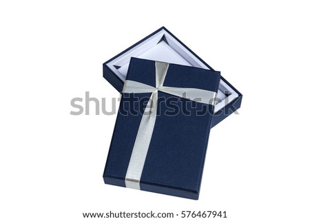 Blue open gift box with white bow isolated on white