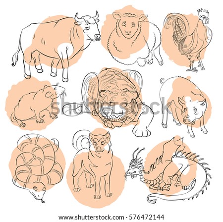 Nine Chinese calendar animals Bull, cock, dog, dragon, pig, sheep, rat, snake, tiger. For your convenience, each significant element is in a separate layer. eps10