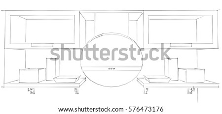 Sketch drawing of 3d modern round kitchen hood and cupboards with glass