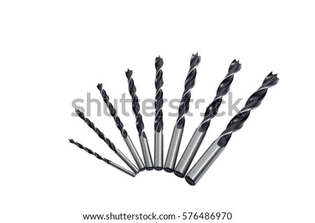 Set drill bits in white isolated background.
