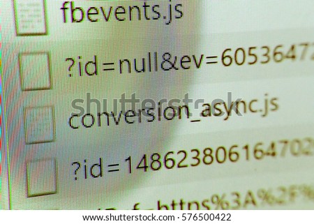 HTML code developing. Abstract web site source listing with colored syntax. Image with blur, pixels and moire rainbow effect