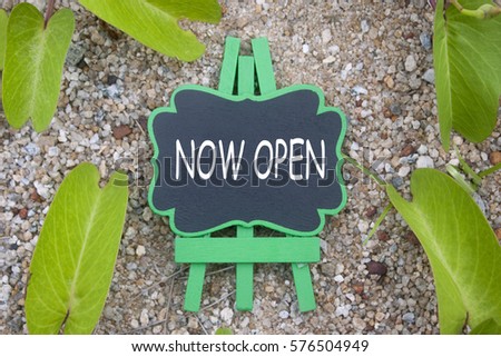 mini blacboard with word now open isolated on sand and leaves background