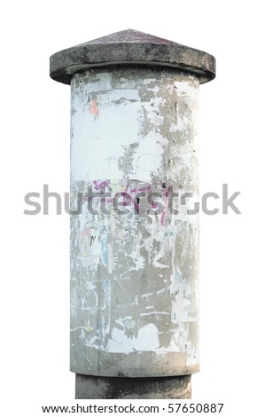 Advertising pillar, weathered aged grunge light grey concrete ad pole, isolated empty blank copyspace, rustic background