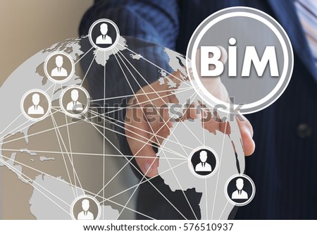 Businessman push button icon, BIM, building information modeling on the touch screen in the global network.