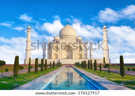 Taj Mahal on a bright and clear day with blue sky