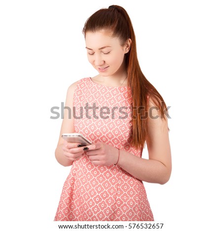 Beauty woman using and reading a smart phone isolated on a white background