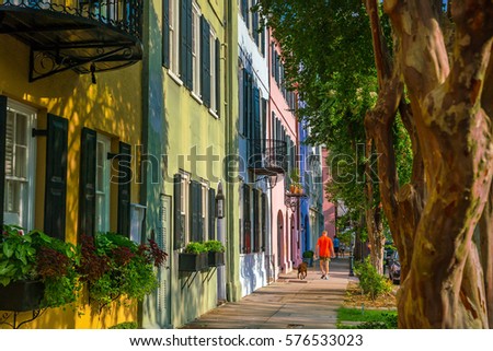 Rainbow Row colorful and well-preserved historic Georgian row houses in Charleston, South Carolina, USA Royalty-Free Stock Photo #576533023
