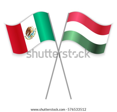 Mexican and Hungarian crossed flags. Mexico combined with Hungary isolated on white. Language learning, international business or travel concept.