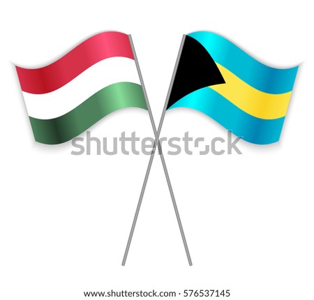 Hungarian and Bahamian crossed flags. Hungary combined with Bahamas isolated on white. Language learning, international business or travel concept.