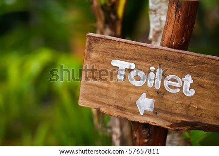 A wooden sign hung over the entrance to a toilet