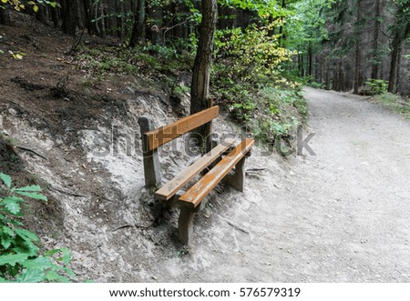 Wooden bench at hiking trail for rest and taking break. Close up crop full frame