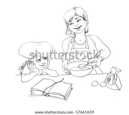 Mother and daughter prepare a pie in the kitchen with pleasure