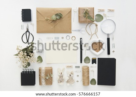 Flat lay workspace. Wedding planning, invitation cards and decoration. Overhead view, top view