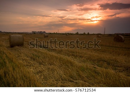 Picture of hay bales across the stubble at the end at the summer