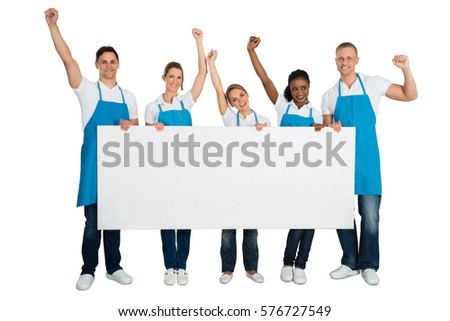 Group Of A Janitors Cheering While Holding Blank Banner On White Background