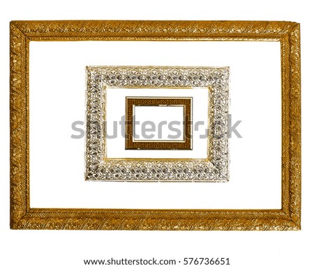 Three empty vintage gold frame in baroque style, isolated on white background