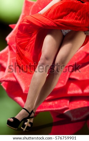Legs, red pants, black high-heeled shoes, red dress, the wind picked up the dress visible panties, Ð¥Ð¥Ð¥