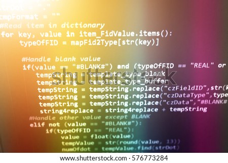 Software development by programmer. Abstract computer script code. Programming code screen of software developer. Application and Program code on a monitor. Code text created by myself.