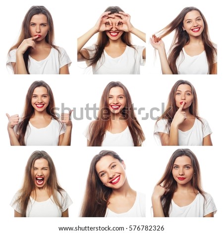 people, portrait and beauty concept - collage of woman different facial expressions