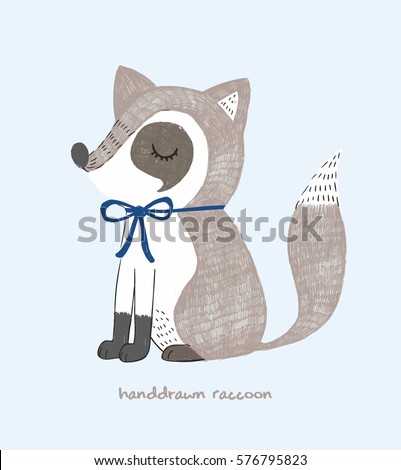 Vector illustration of little sitting slipping raccoon with blue bow tie in his neck. Lovely cartoon character. Freehand child's drawing. Handdrawn textured coon with pan, pencils and colored crayons