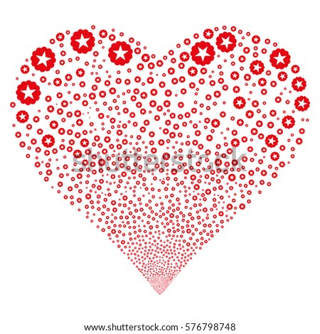 Quality fireworks with heart shape. Vector illustration style is flat red iconic symbols on a white background. Object stream constructed from confetti pictograms.