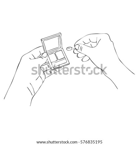 vector hands with eye shadow box, line drawing make-up isolated symbol at white background