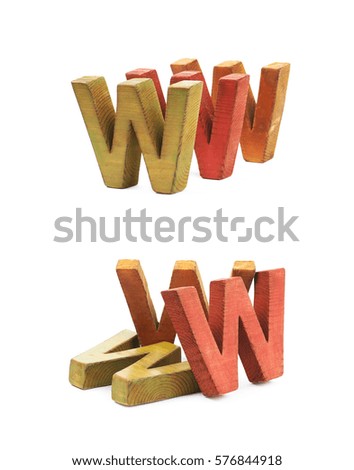 World wide web acronym WWW made of painted wooden letters, composition isolated over the white background, set of two different foreshortenings