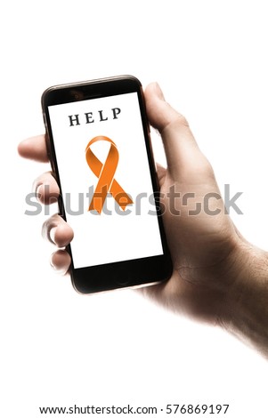 Hand holding smartphone, blank screen with orange ribbon isolated on white background. World Cancer Day graphic. Kidney cancer concept
