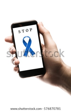 Hand holding smartphone, blank screen with blue ribbon isolated on white background. World Cancer Day graphic. Prostate
, colon cancer, esophageal cancer, stomach cancer concept