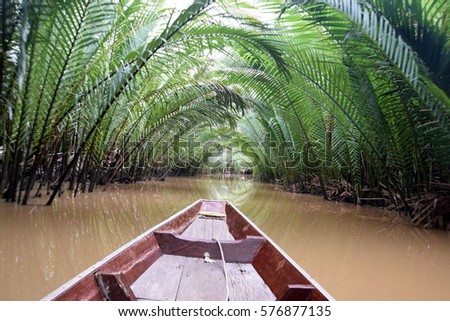 Boat in a river in the jungle near Surat Thani, Thailand. Mangroves and coconut palms on the water