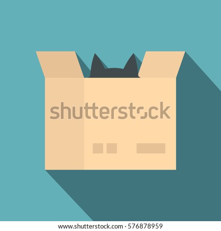 Cat in a cardboard box icon. Flat illustration of cat in a cardboard box  icon for web design