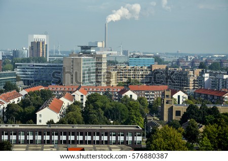 Aerial view over the modern part of Amsterdam