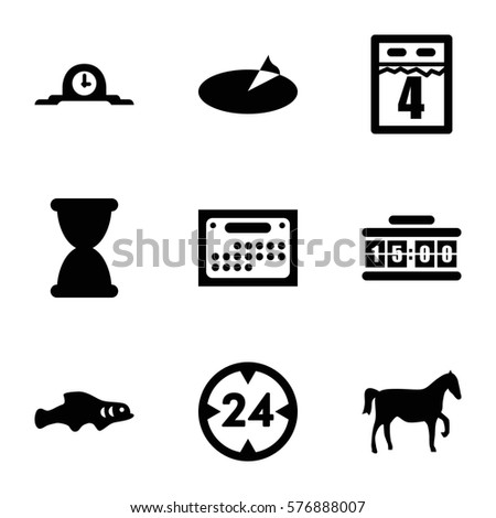 Time icon. Set of 9 Time filled icons such as sundial, calendar, 4th date calendar, 24 hour, hourglass, clock, digital clock, extinct fish