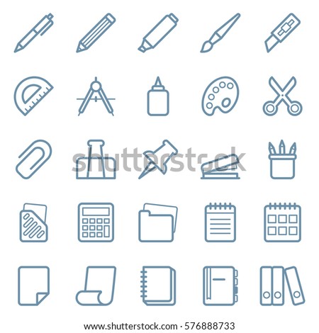 Linear web icons set of stationery and office supplies. Vector illustration