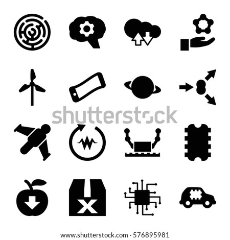 Innovation icon. Set of 16 Innovation filled icons such as apple download, atom move, heartbeat, gear, cloud download upload, planet, CPU in car, mill, hang glider, CPU