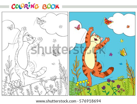 Coloring book or page. Red cat jumping over the butterflies in the grass and flowers on a background of blue sky and white clouds. Vector illustrstion.
