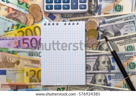 blank sheet with dollar, euros bills, coin.