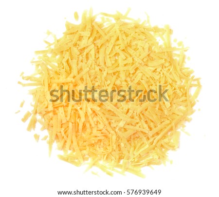 Heap of grated cheese isolated on a white background, close up, top view Royalty-Free Stock Photo #576939649