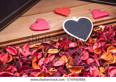 black heart board decorate with dry flower - Valentines day concept