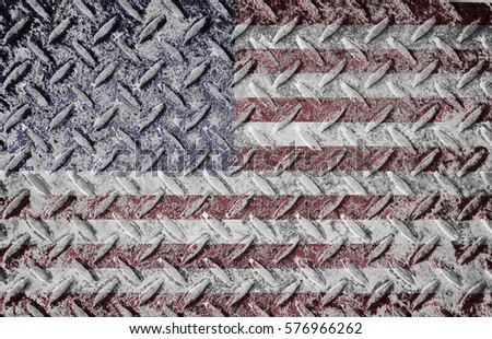 Patriotic American flag with red white and blue colors over steel diamond metal plate. Rough worn surface with dirt and grit.