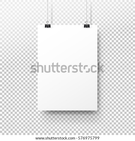 White poster hanging on binder. Transparent background with mock up empty paper blank. Layout mockup. Vertical template sheet Royalty-Free Stock Photo #576975799