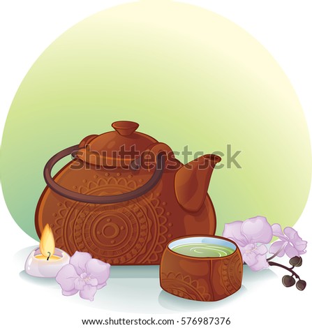 ceramic teapot and a cup with green tea.
This image is a vector illustration and can be scaled to any size without loss of resolution.Image contains gradients, transparency, blending modes.