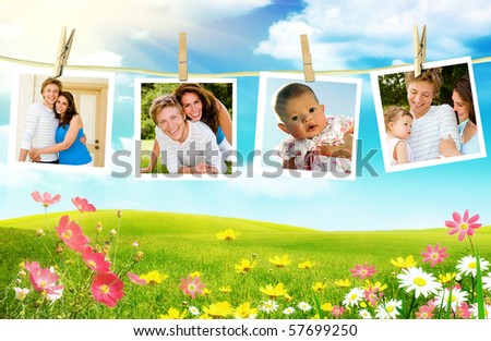 Family photos hanging over spring flowers