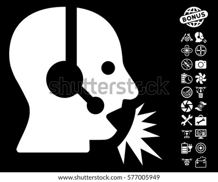 Operator Speech pictograph with bonus drone service pictograph collection. Vector illustration style is flat iconic white symbols on black background.
