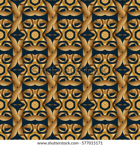 Islamic vector design. Blue and golden vintage textile print. Gold tiles with floral motif. Seamless pattern oriental ornament.