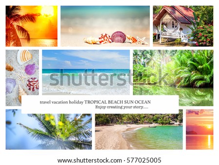 Collage of summer beach images - nature and travel background. Vacation holiday around world tourism tropical ocean relax