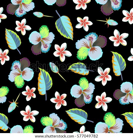 Hibiscus flower seamless pattern in blue and green colors on a black background.